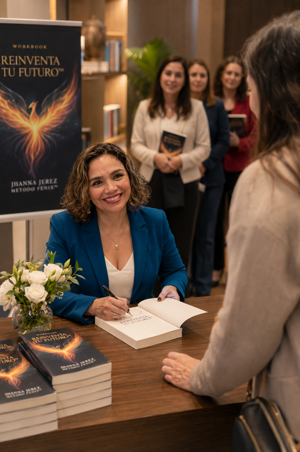 Johanna Jerez firmando el Workbook Reinventa Tu Futuro en un evento con público